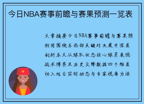 今日NBA赛事前瞻与赛果预测一览表