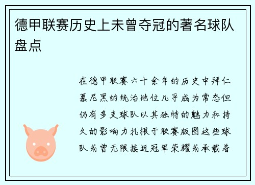 德甲联赛历史上未曾夺冠的著名球队盘点